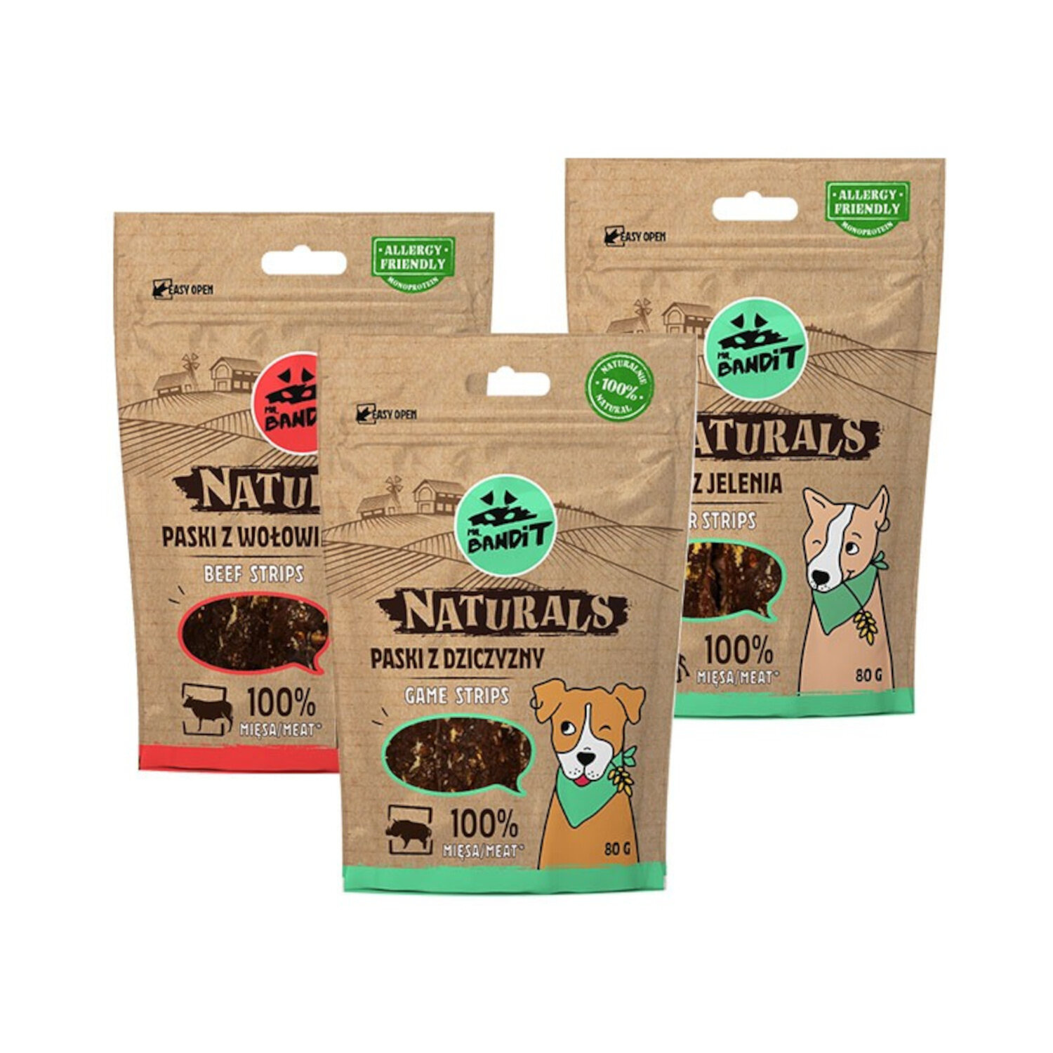 MR. BANDIT NATURALS - pakiet mięsnych pasków (3x80g) jeleń/dziczyzna/wołowina MR. BANDIT NATURALS - pakiet mięsnych pasków (3x80g) jeleń/dziczyzna/wołowina