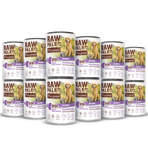 RAW PALEO DUCK&BOAR PUPPY CAN 12x400g - mokra karma dla szczeniąt duoproteina kaczka z dzikiem