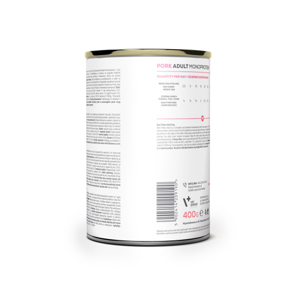 RAW PALEO ADULT DOG PORK 12x400g - mokra karma dla psów dorosłych monoproteina z wieprzowiną