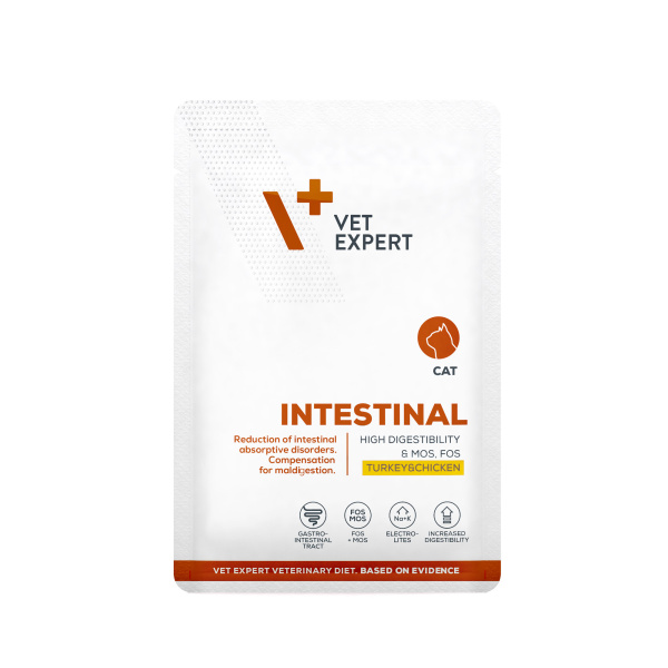 VET EXPERT INTESTINAL CAT Turkey&Chicken saszetka 100g – mokra karma weterynaryjna dla kotów z zaburzeniami trawiennymi.