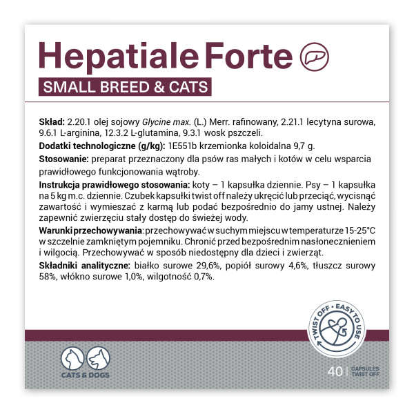 VET EXPERT HEPATIALE FORTE SMALL BREED & CATS - preparat wspomagający funkcje wątroby dla psów małych ras i kotów