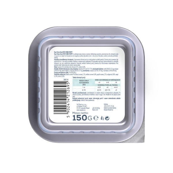 RAW PALEO DUCK PATE MINI PUPPY 6x150g - mokra karma dla szczeniąt - kaczka