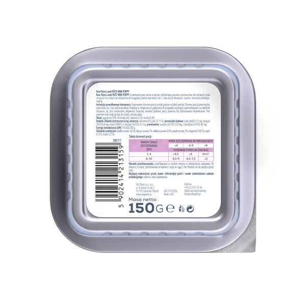 RAW PALEO LAMB PATE MINI PUPPY 12x150g - mokra karma dla szczeniąt - jagnięcina