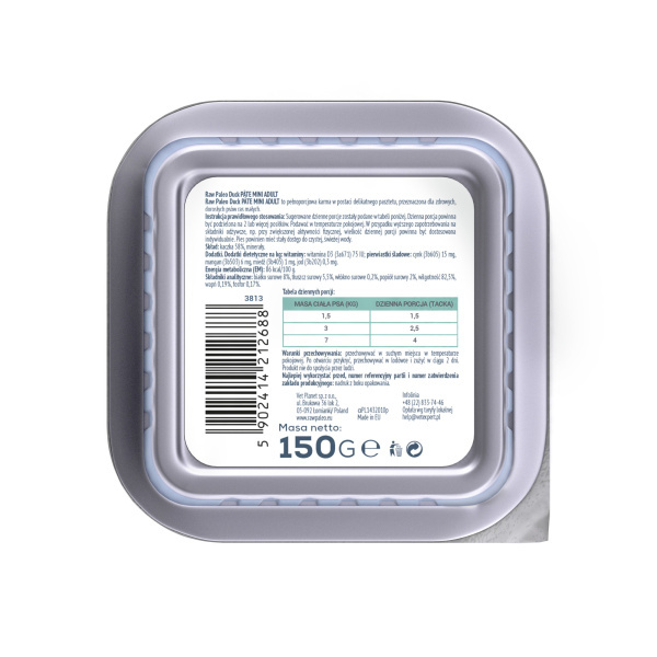 RAW PALEO DUCK PATE MINI ADULT 6x150g - mokra karma dla psów dorosłych - kaczka