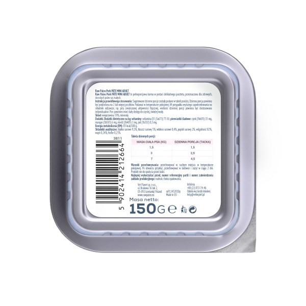 RAW PALEO PORK PATE MINI ADULT 12x150g - mokra karma dla psów dorosłych - wieprzowina