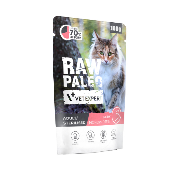 RAW PALEO ADULT/STERILISED CAT PORK 100g - mokra karma dla kotów dorosłych i  sterylizowanych  - wieprzowina