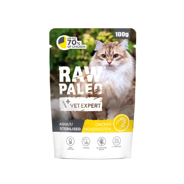 RAW PALEO ADULT/STERILISED CAT CHICKEN 100g - mokra karma dla kotów dorosłych i  sterylizowanych  - kurczak