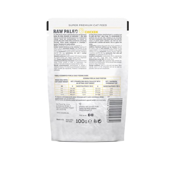RAW PALEO ADULT/STERILISED CAT CHICKEN 100g - mokra karma dla kotów dorosłych i  sterylizowanych  - kurczak