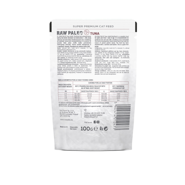 RAW PALEO ADULT/STERILISED CAT TUNA 12x100g - mokra karma dla kotów dorosłych i sterylizowanych - tuńczyk