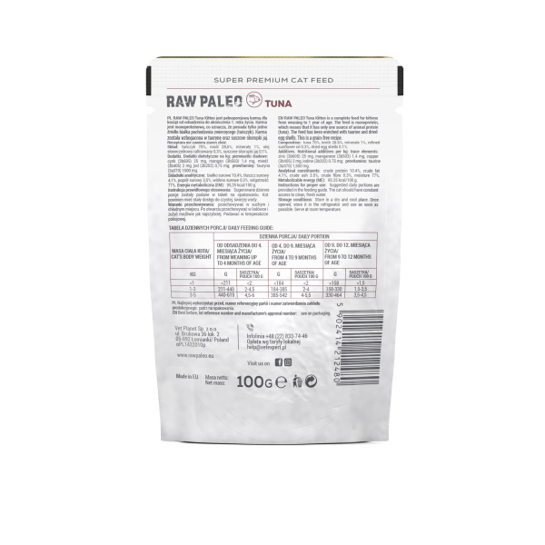RAW PALEO KITTEN CAT TUNA 12x100g - mokra karma dla kociąt - tuńczyk