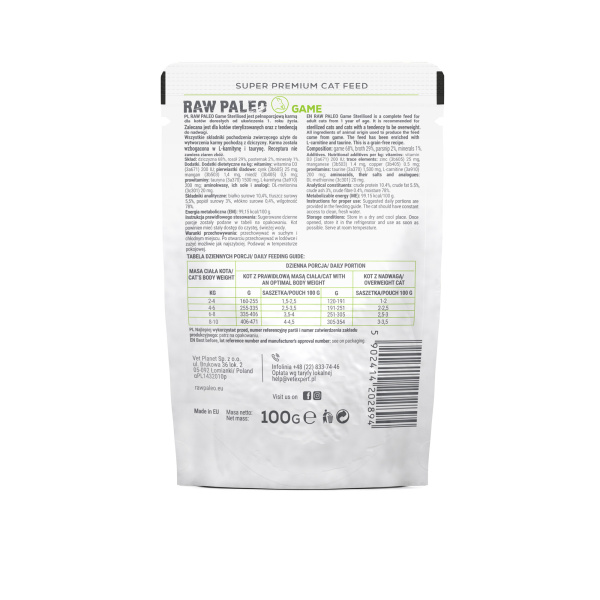RAW PALEO STERILISED GAME 12x100g - mokra karma dla kotów sterylizowanych - dziczyzna