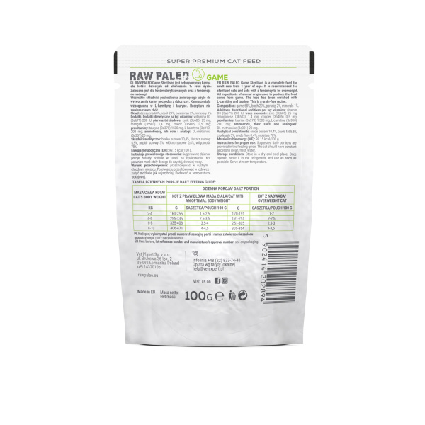 RAW PALEO ADULT CAT GAME 12x100g - mokra karma dla kotów dorosłych - dziczyzna