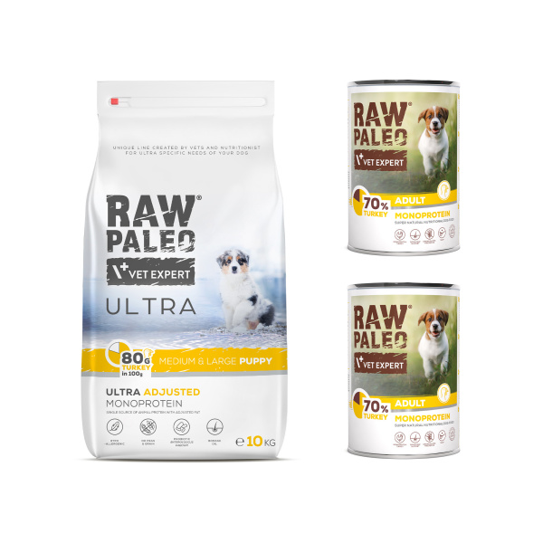 RAW PALEO ULTRA TURKEY MEDIUM LARGE PUPPY 10kg i 2x TURKEY PUPPY puszka 400g - zestaw karmy dla szczeniąt ras średniej i dużej