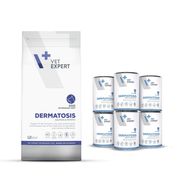 Zestaw VET EXPERT DERMATOSIS DOG SALMON&POTATO 12 kg+ 6x400g TURKEY&GUINEA FOWL