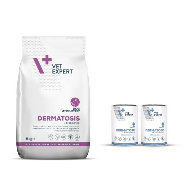 Zestaw VET EXPERT DERMATOSIS DOG LAMB&KRILL 2kg + 2x400g TURKEY&GUINEA FOWL
