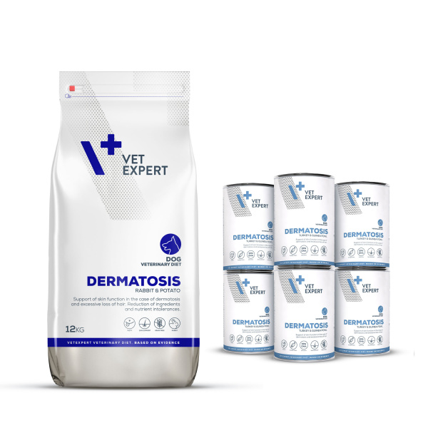 Zestaw VET EXPERT DERMATOSIS DOG RABBIT&POTATO 12kg + 6x400g TURKEY&GUINEA FOWL