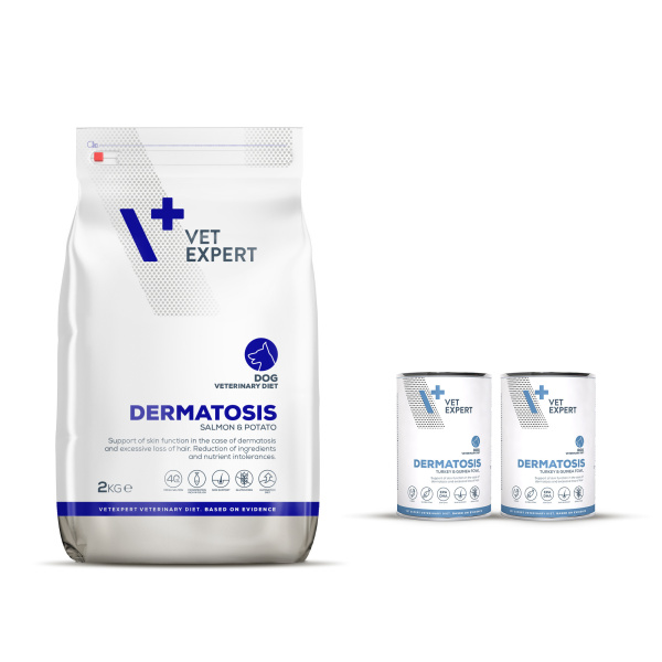 Zestaw VET EXPERT DERMATOSIS DOG SALMON&POTATO 2kg + 2x400g TURKEY&GUINEA FOWL