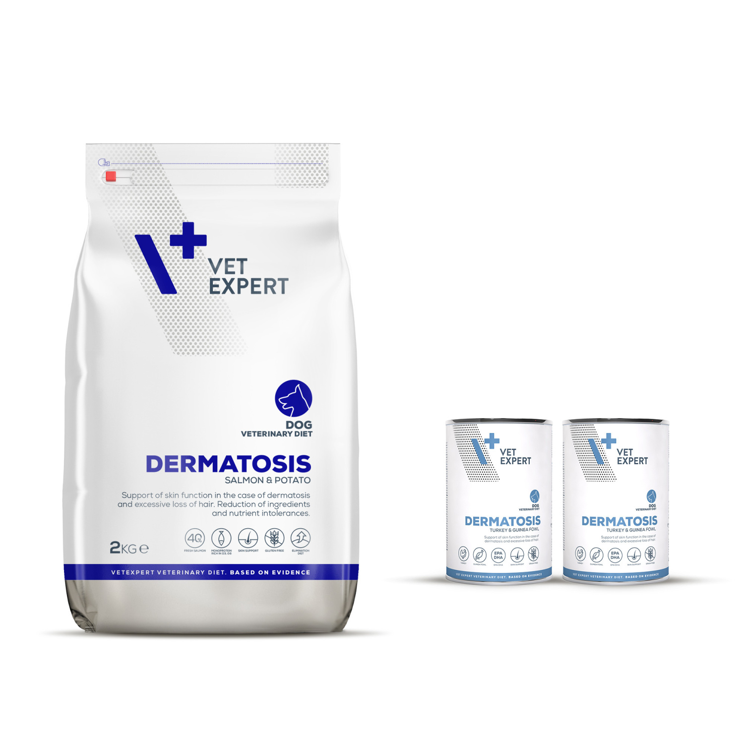 Zestaw VET EXPERT DERMATOSIS DOG SALMON&POTATO 2kg + 2x400g TURKEY&GUINEA FOWL