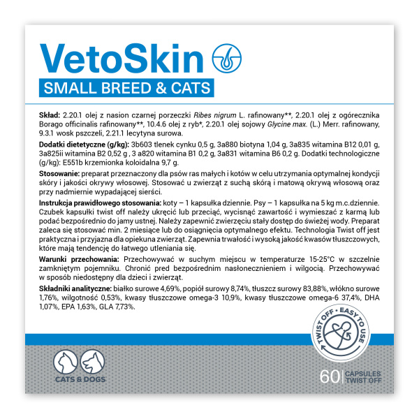 VET EXPERT VETOSKIN SMALL BREED AND CATS  - preparat na skórę i sierść dla psów małych ras i kotów