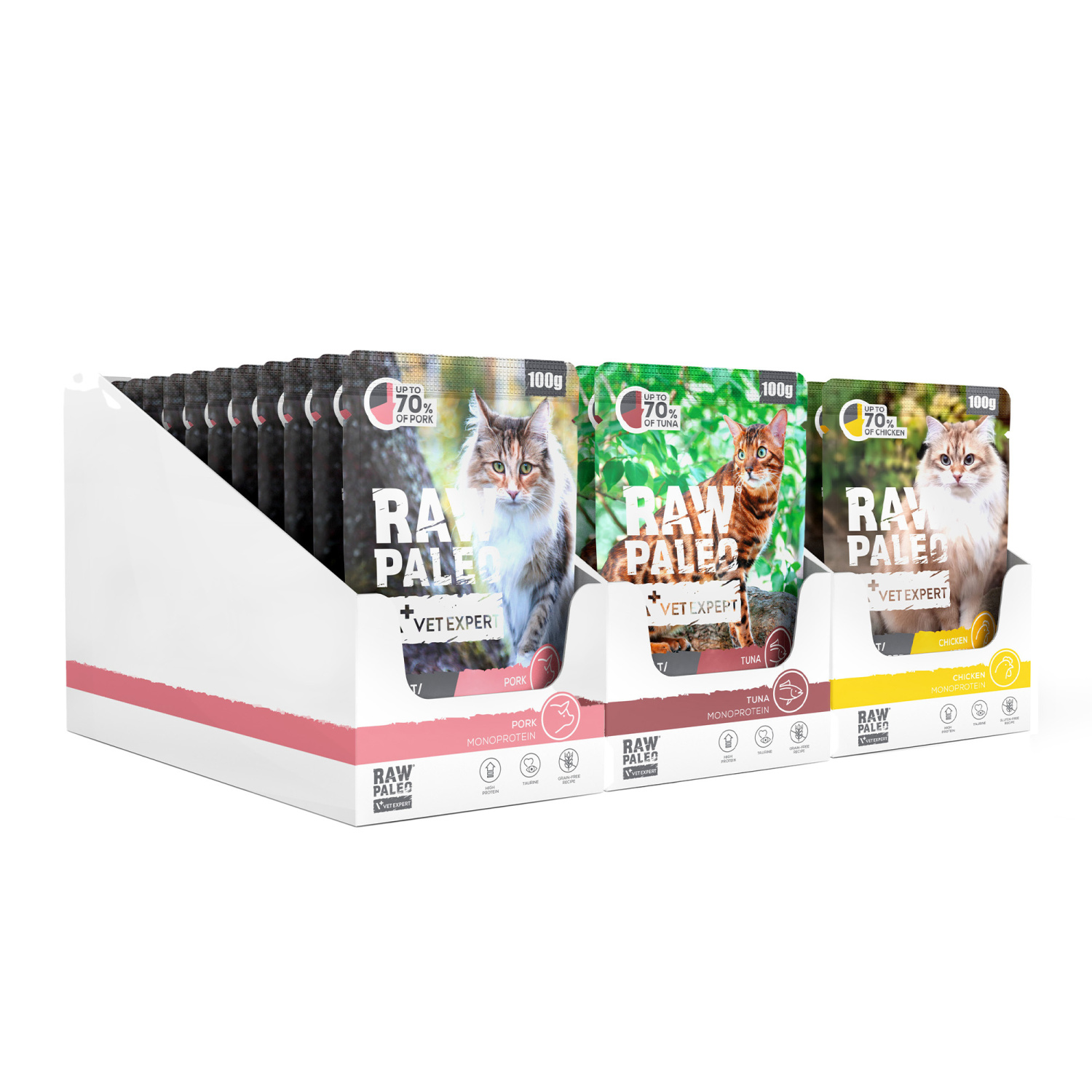 RAW PALEO ADULT/STERILISED CAT CHICKEN PORK TUNA 36x100g - mokra karma dla kotów dorosłych i sterylizowanych