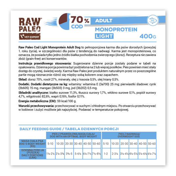 RAW PALEO COD LIGHT MONOPROTEIN ADULT DOG 6x400g - mokra karma dla psów z tendencją do nadwagi monoproteina z dorszem