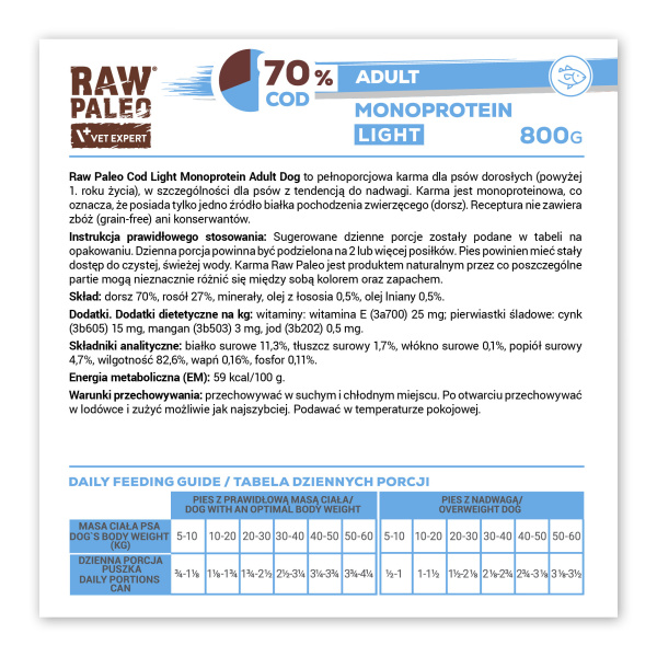RAW PALEO COD LIGHT MONOPROTEIN ADULT DOG 12x800g - mokra karma dla psów z tendencją do nadwagi monoproteina z dorszem