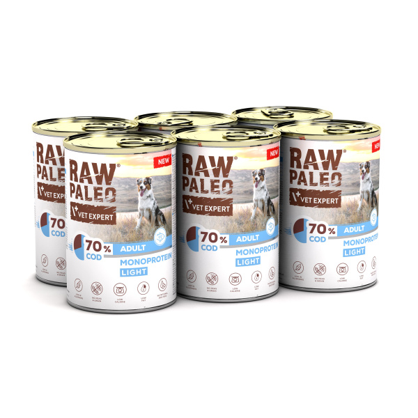 RAW PALEO COD LIGHT MONOPROTEIN ADULT DOG 6x400g - mokra karma dla psów z tendencją do nadwagi monoproteina z dorszem