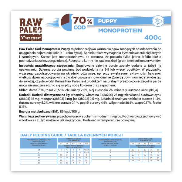 RAW PALEO PUPPY COD 400g - mokra karma dla szczeniąt monoproteina z dorszem