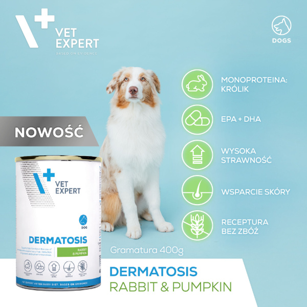 VET EXPERT DERMATOSIS RABBIT&PUMPKIN 6x400g  - mokra karma weterynaryjna dla psów