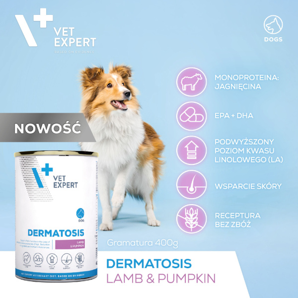 VET EXPERT DERMATOSIS DOG LAMB&PUMPKIN 6x400g - mokra karma weterynaryjna dla psów