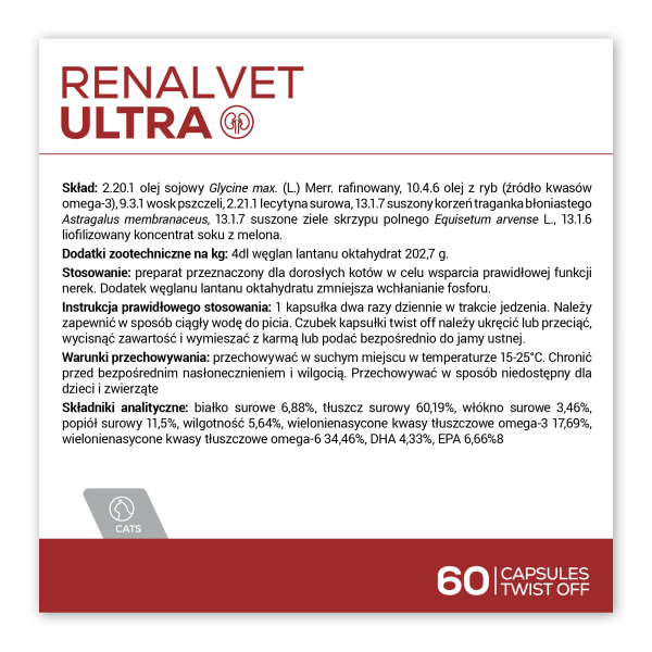 VET EXPERT RENALVET ULTRA – zaawansowany suplement wspierający funkcje nerek u kotów ze znacznie obniżoną wydolnością nerek