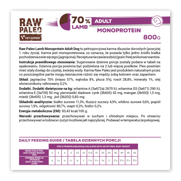 RAW PALEO ADULT DOG LAMB 800g - mokra karma dla psów dorosłych monoproteina z jagnięciną
