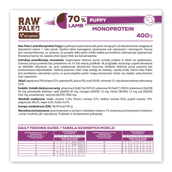 RAW PALEO PUPPY LAMB 400g - mokra karma dla szczeniąt monoproteina z jagnięciną