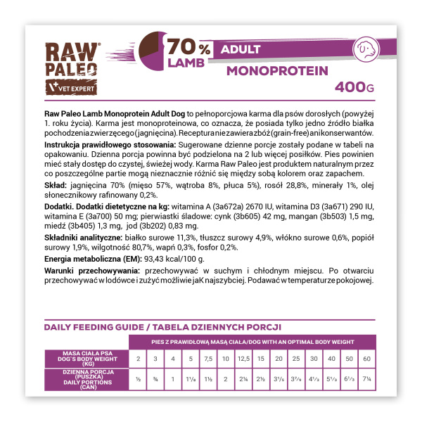 RAW PALEO ADULT DOG LAMB 6x400g - mokra karma dla psów dorosłych monoproteina z jagnięciną