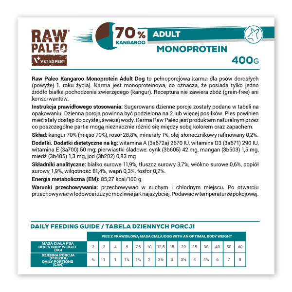 RAW PALEO ADULT DOG KANGAROO 6x400g - mokra karma dla psów dorosłych monoproteina z mięsem kangura