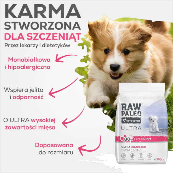 RAW PALEO ULTRA PORK PUPPY MINI - sucha karma z wieprzowiną dla szczeniąt ras małych