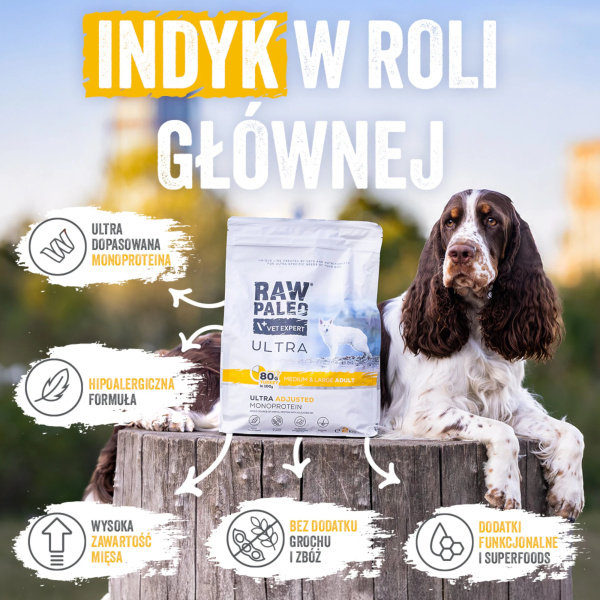 RAW PALEO ULTRA TURKEY ADULT MEDIUM/LARGE - sucha karma z indykiem dla psów dorosłych ras średnich i dużych