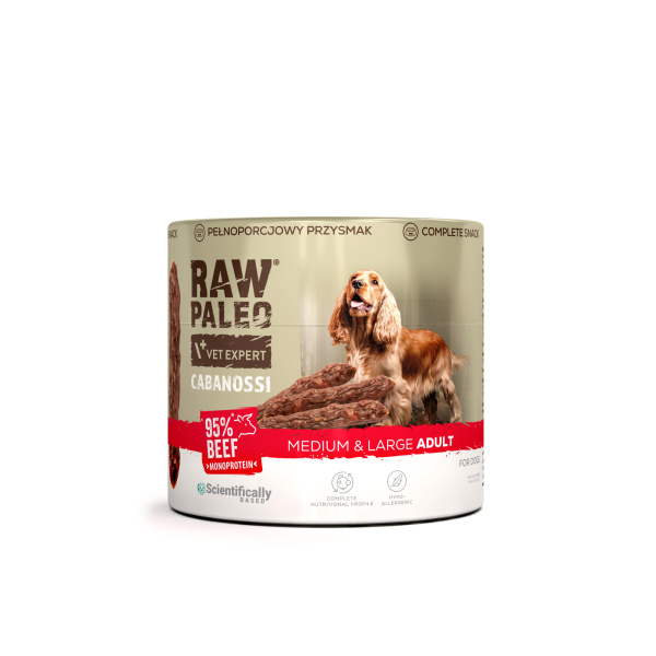 RAW PALEO Cabanossi Beef Medium Large 90g - pełnoporcjowy naturalny przysmak w formie kiełbaski dla psa