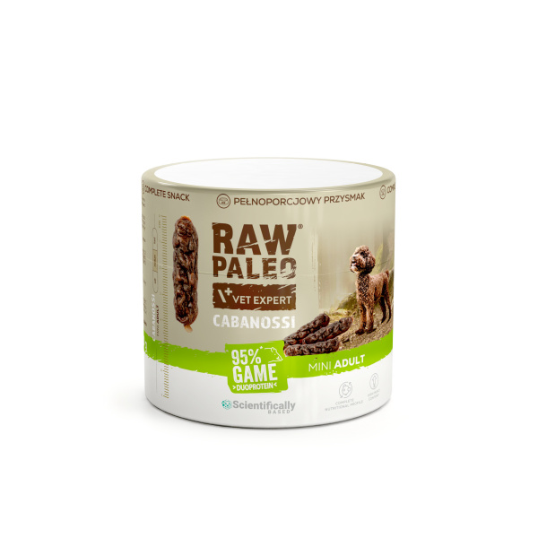 RAW PALEO Cabanossi Game Mini 90g - pełnoporcjowy naturalny przysmak w formie kiełbaski dla psa