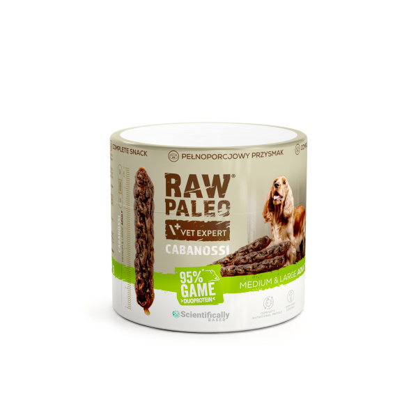 RAW PALEO Cabanossi Game Medium Large 90g - pełnoporcjowy naturalny przysmak w formie kiełbaski dla psa