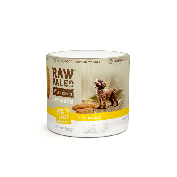 RAW PALEO Cabanossi Turkey Mini 90g - pełnoporcjowy naturalny przysmak w formie kiełbaski dla psa