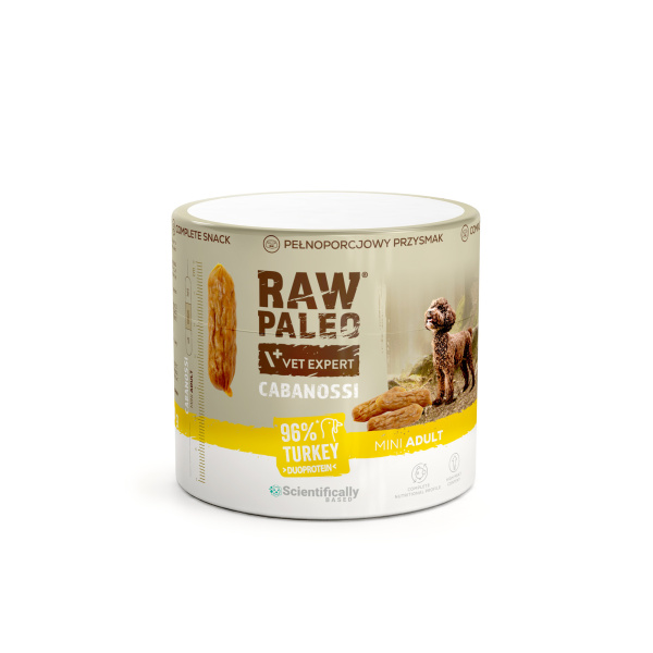 RAW PALEO Cabanossi Turkey Mini 90g - pełnoporcjowy naturalny przysmak w formie kiełbaski dla psa