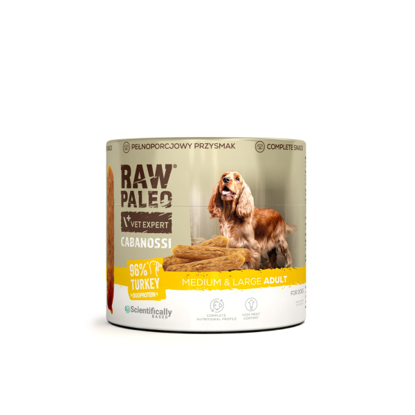 RAW PALEO Cabanossi Turkey Medium Large 90g - pełnoporcjowy naturalny przysmak w formie kiełbaski dla psa