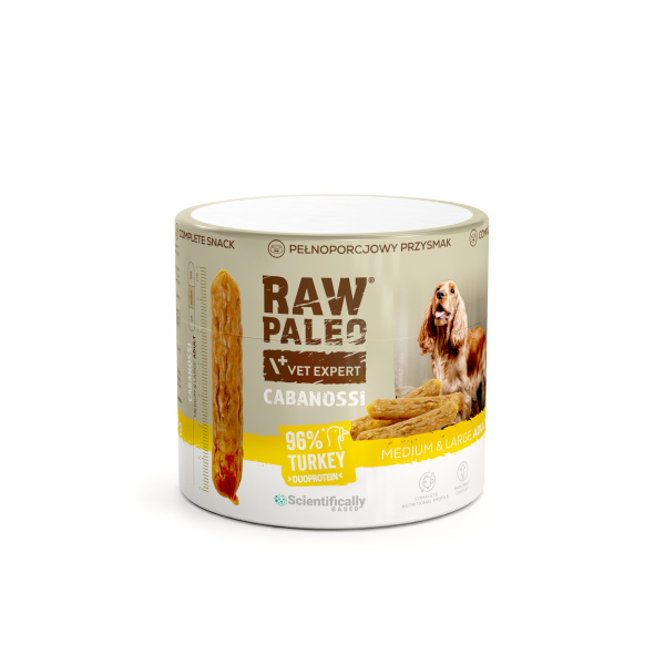 RAW PALEO Cabanossi Turkey Medium Large 90g - pełnoporcjowy naturalny przysmak w formie kiełbaski dla psa