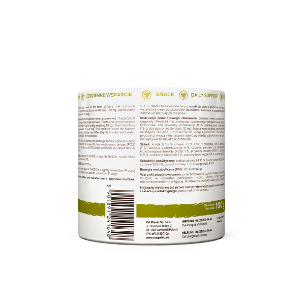 RAW PALEO Vital Pro Digestion Rabbit Medium Large 100g - hipoalergiczny monoproteinowy przysmak funkcjonalny - baton dla psa