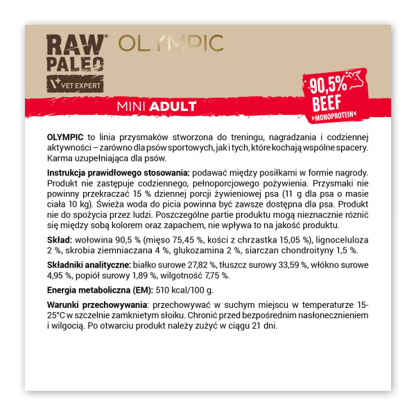 RAW PALEO Olympic Beef Mini 90g - hipoalergiczny monoproteinowy przysmak treningowy dla psa