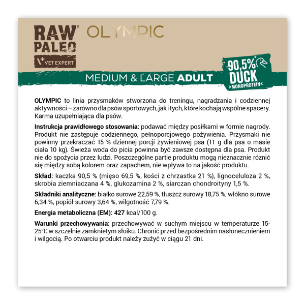 RAW PALEO Olympic Duck Medium Large 90g - hipoalergiczny monoproteinowy przysmak treningowy dla psa