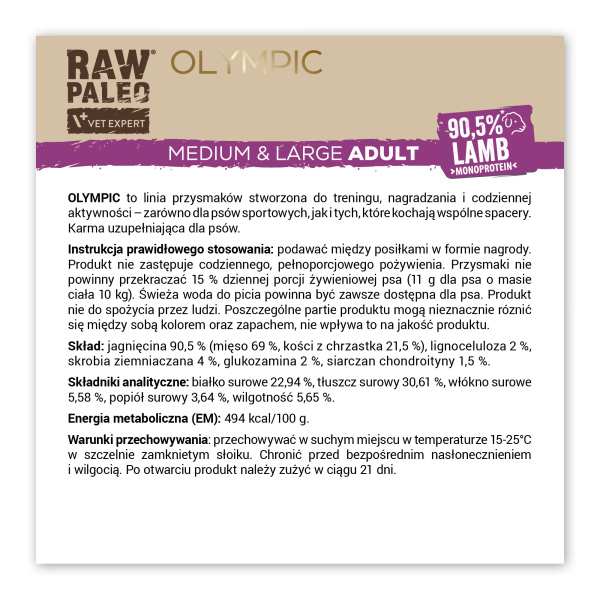 RAW PALEO Olympic Lamb Medium Large 90g - hipoalergiczny monoproteinowy przysmak treningowy dla psa