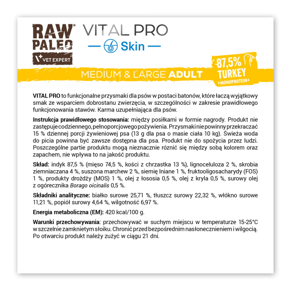 RAW PALEO Vital Pro Skin & Coat Turkey Medium Large 100g - hipoalergiczny monoproteinowy przysmak funkcjonalny - baton dla psa