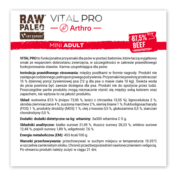 RAW PALEO Vital Pro Arthro Beef Mini 100g - hipoalergiczny monoproteinowy przysmak funkcjonalny - baton dla psa